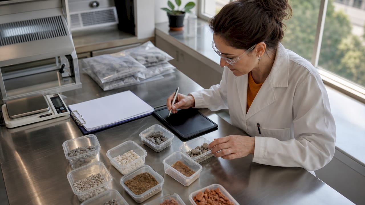 Lab inspector labeling hazardous material samples