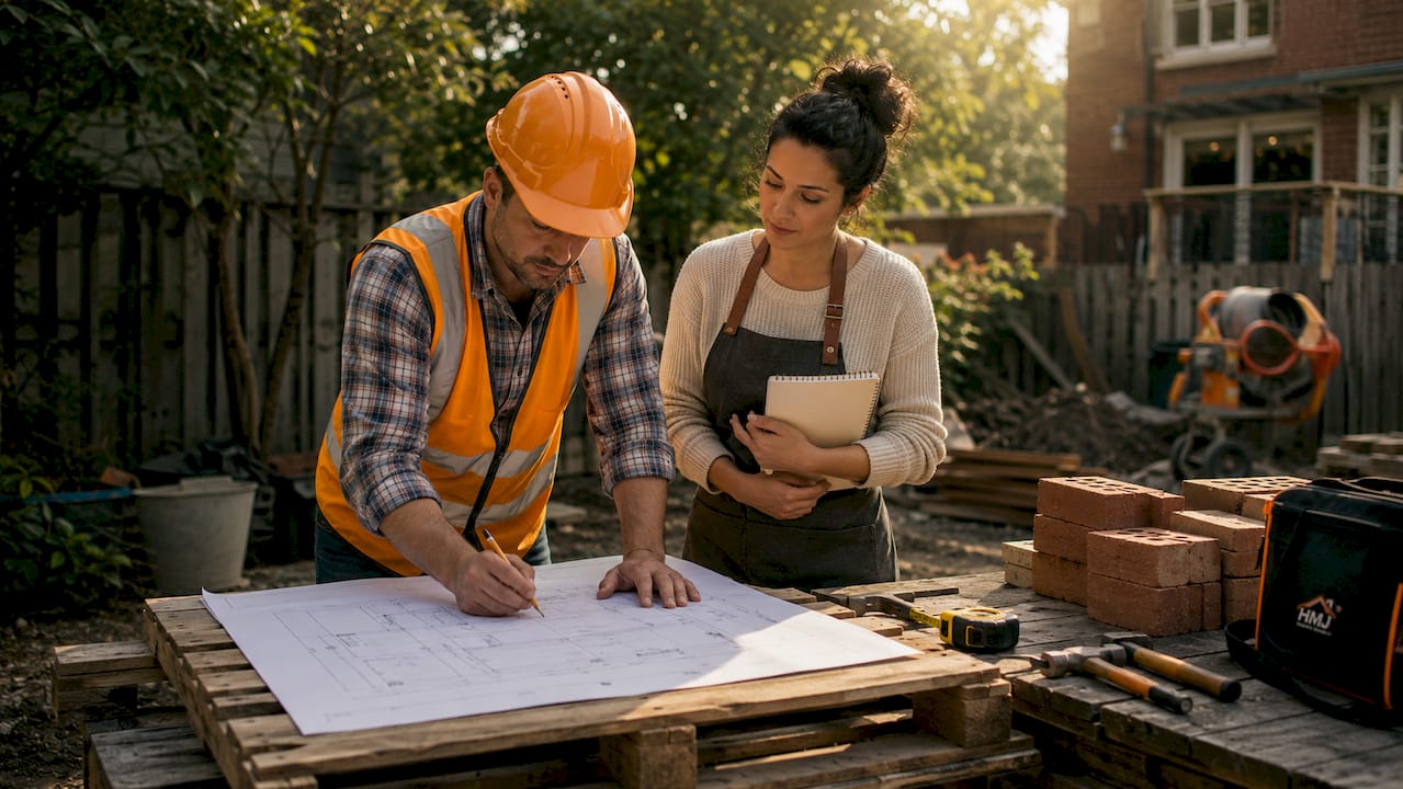 Contractor marking plan with homeowner supervising outdoors