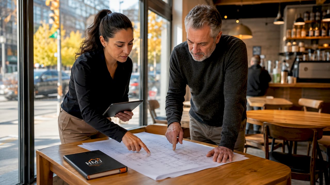 Contractor and homeowner discussing renovation blueprint