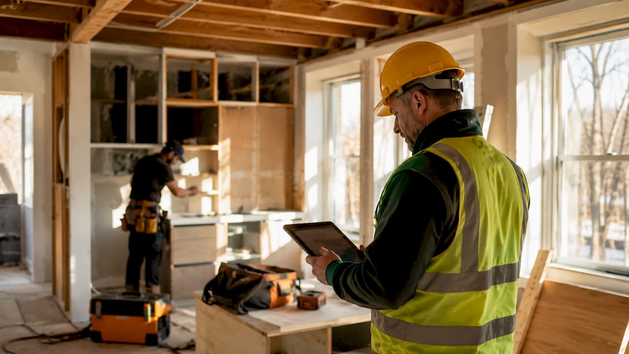 Contractor reviewing renovation progress onsite