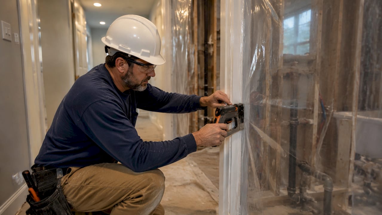 Worker installing dust barrier inside home