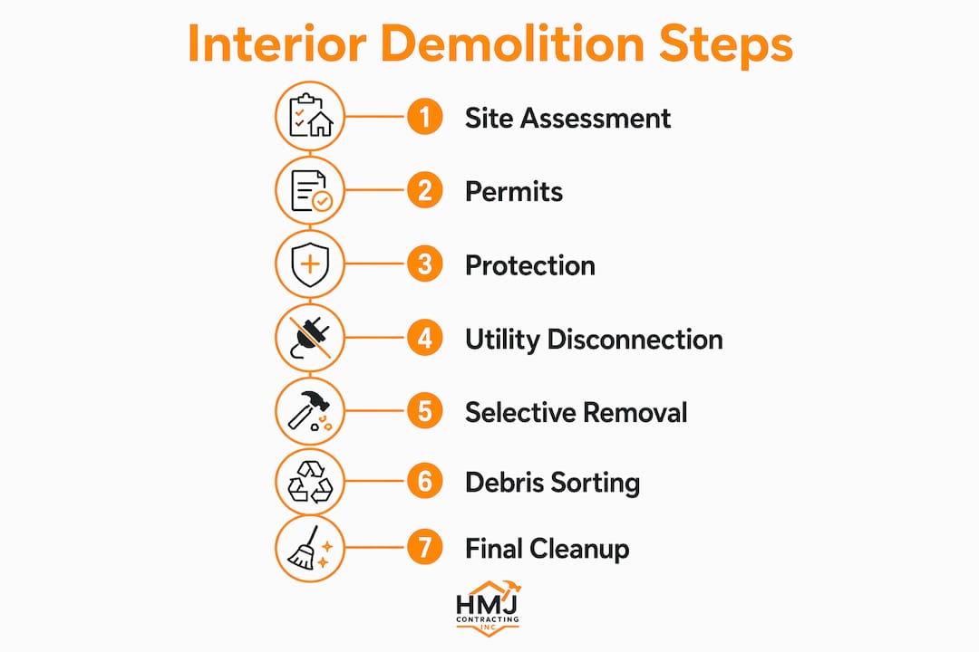 Infographic showing seven steps in interior demolition process
