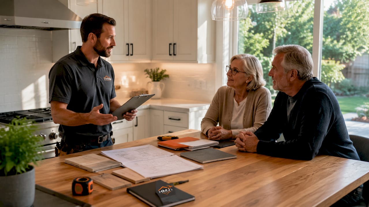 Contractor explaining permit requirements to homeowners