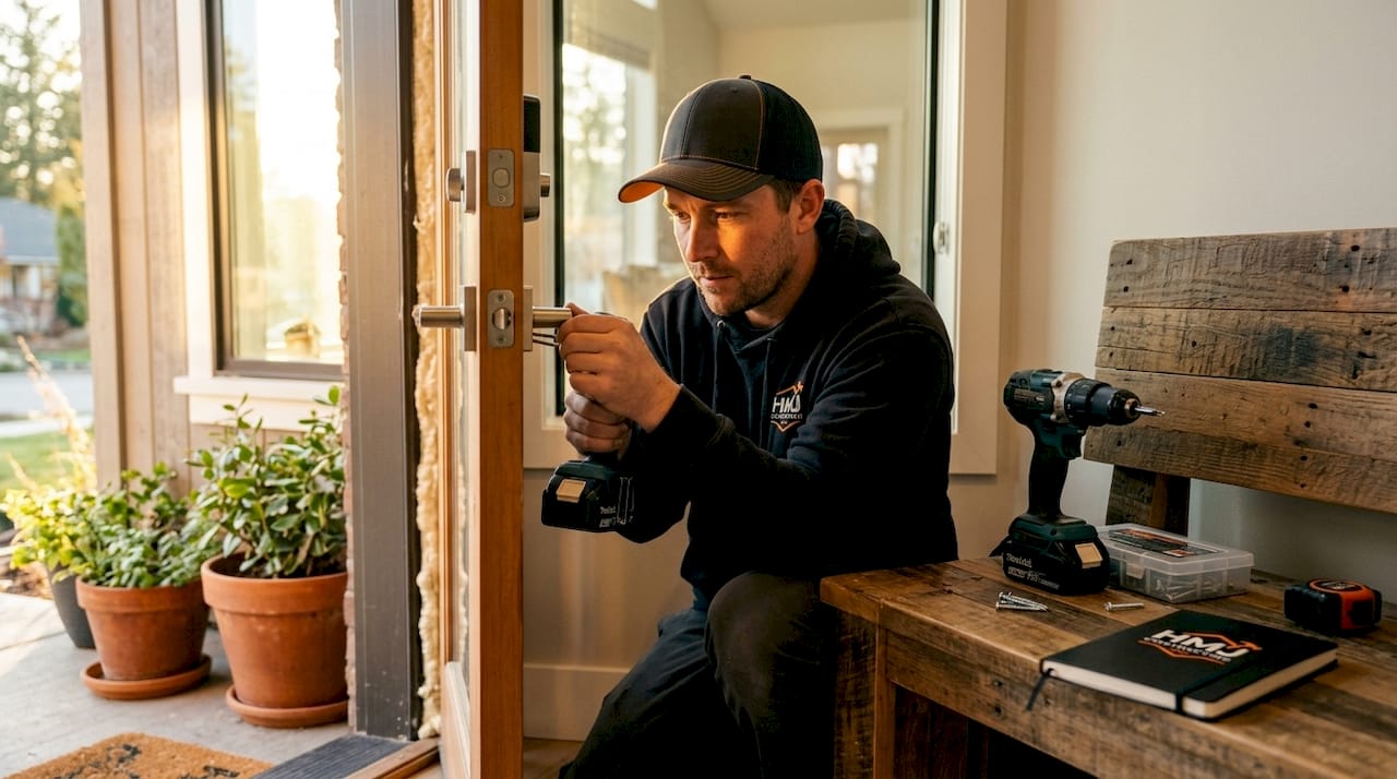 Technician installing secure front door