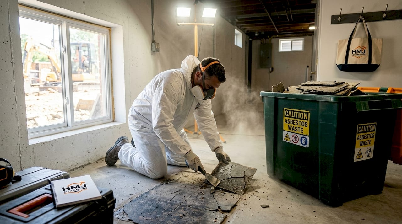 Hands removing asbestos floor tile in basement