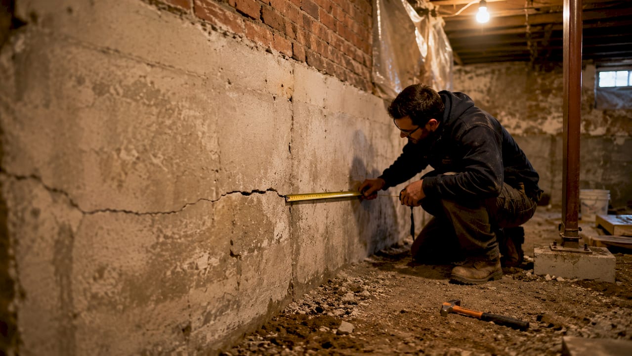 Close-up measuring structural crack size on foundation wall