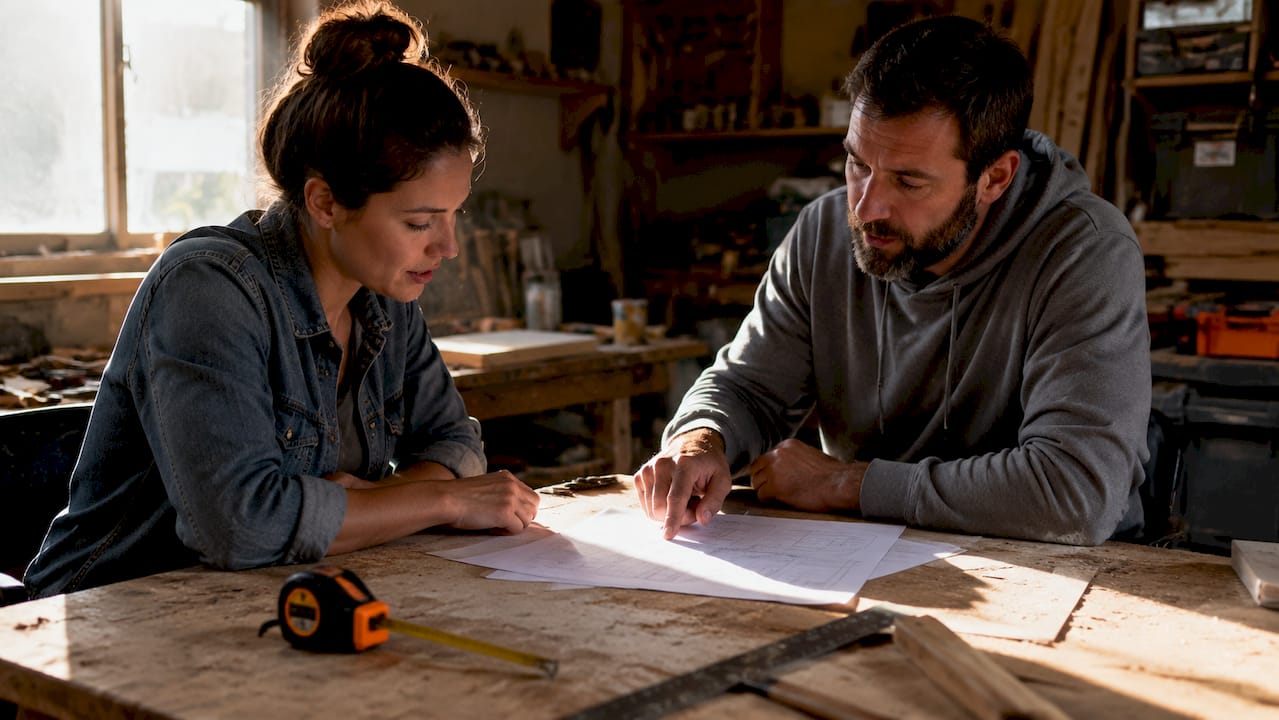 Hands pointing at renovation quote on workshop table