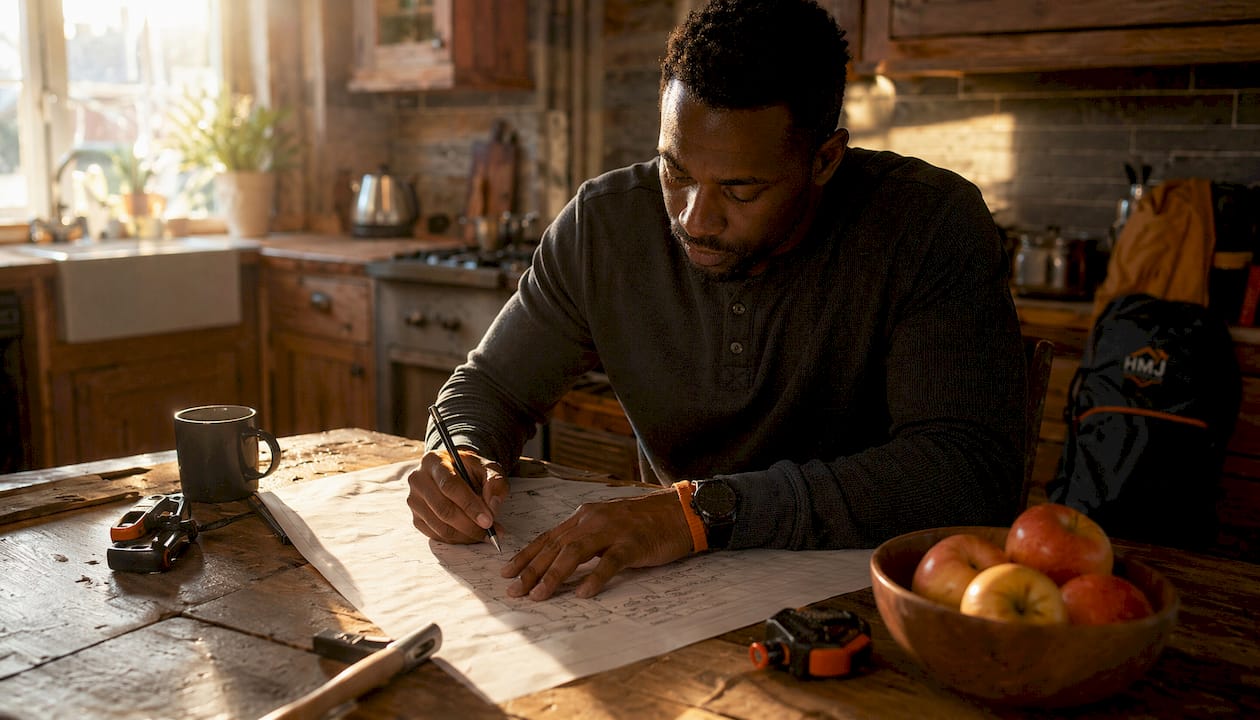 Man writing detailed renovation task list in home office