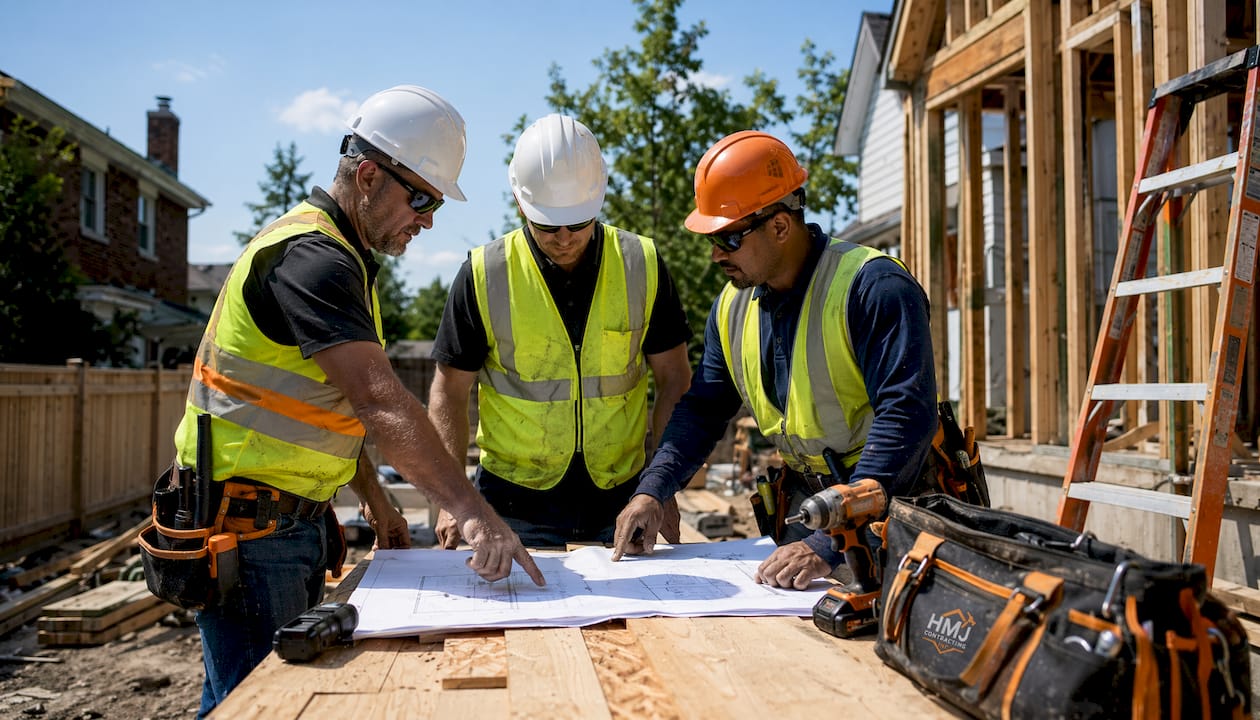 General contractor and trade workers reviewing renovation blueprints