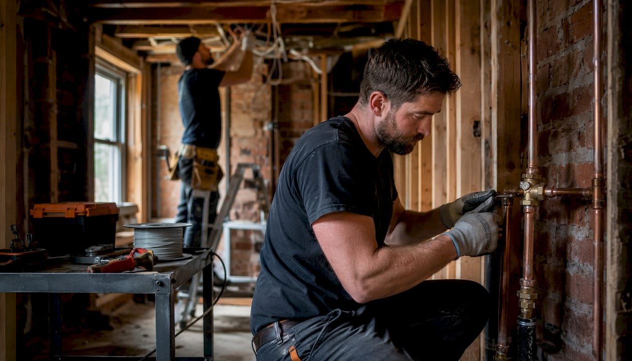 Hands of tradespeople working on renovation systems