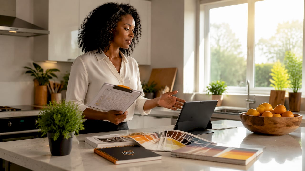 Woman attending weekly renovation progress call at desk