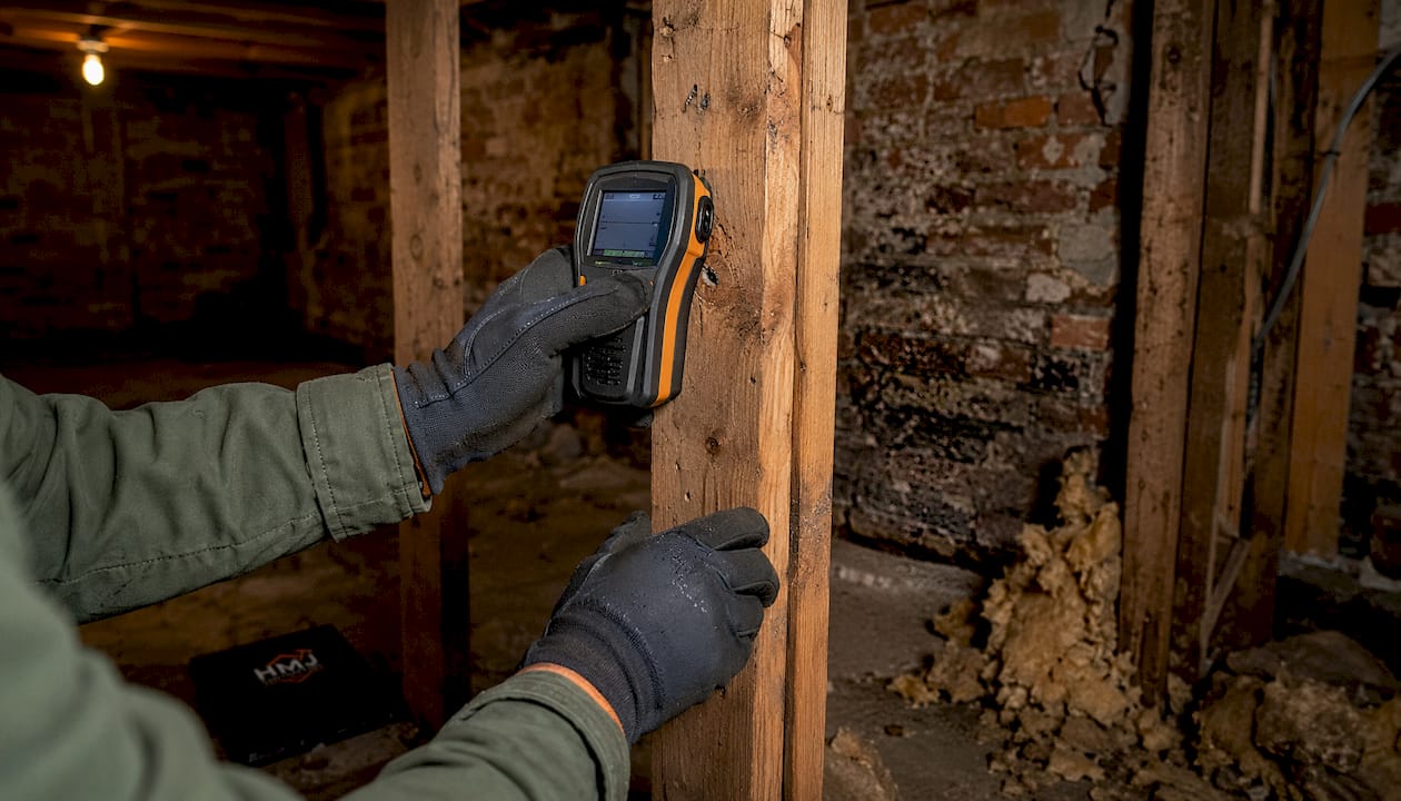 Hands using radon detector in crawl space