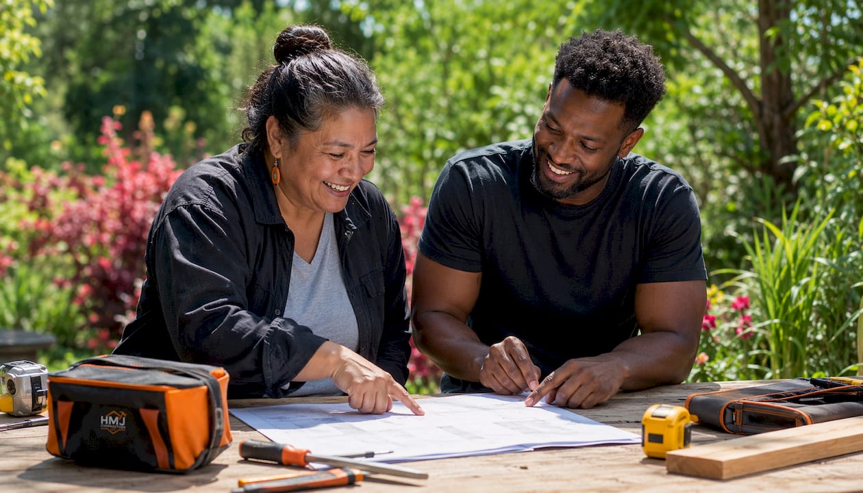 Two contractors reviewing renovation contract clauses