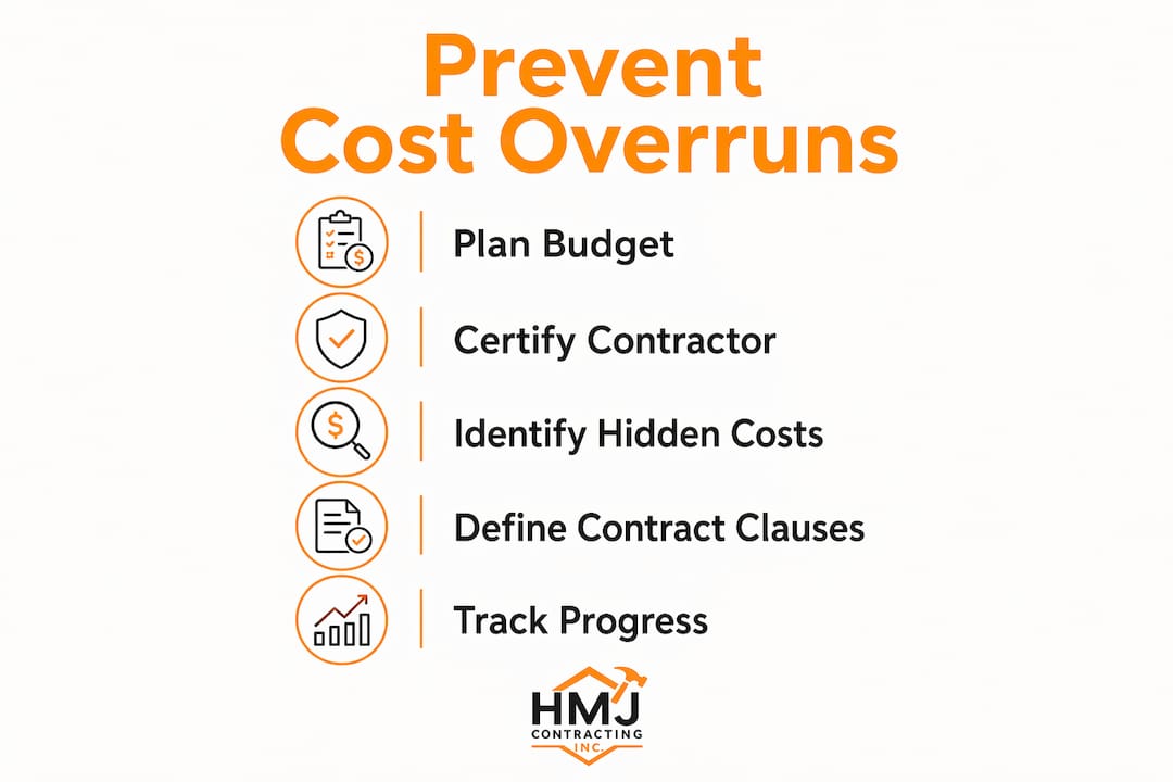 Vertical flow infographic on renovation cost overrun prevention steps