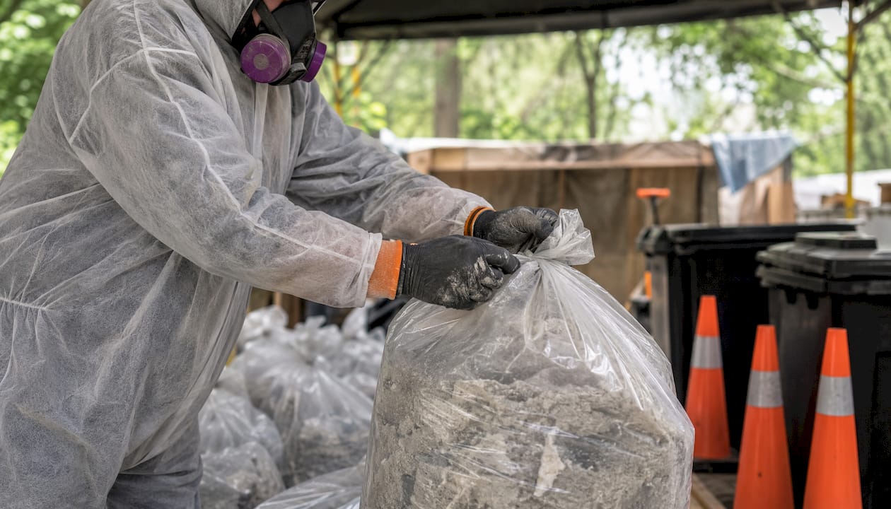 Worker sealing asbestos waste bag for safe disposal