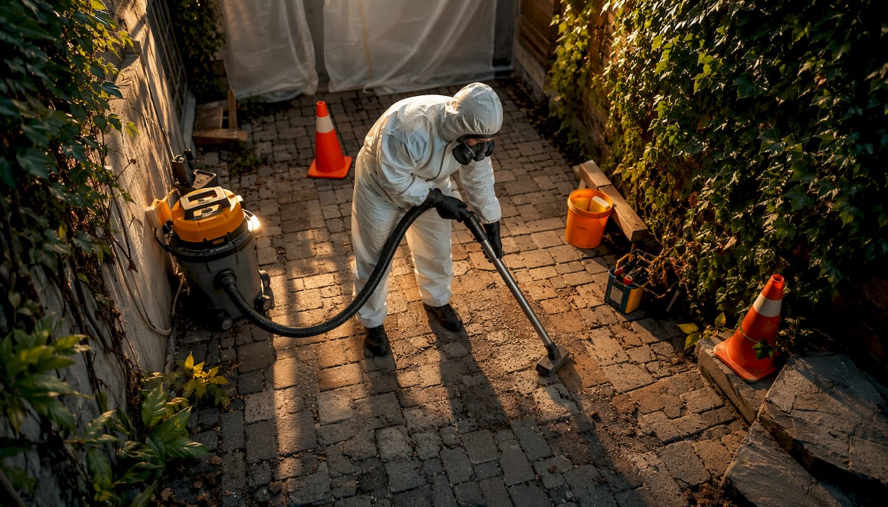 Abatement technician vacuuming renovation dust