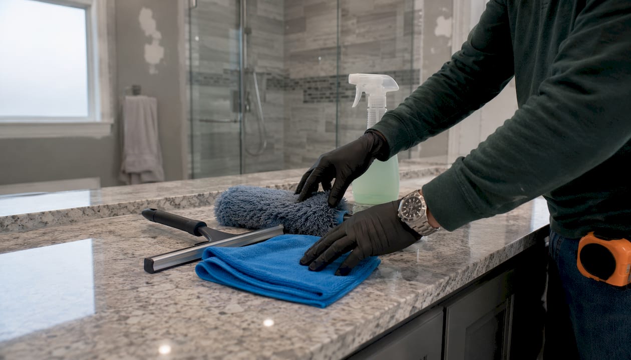 Hands arranging cleaning supplies in renovated kitchen