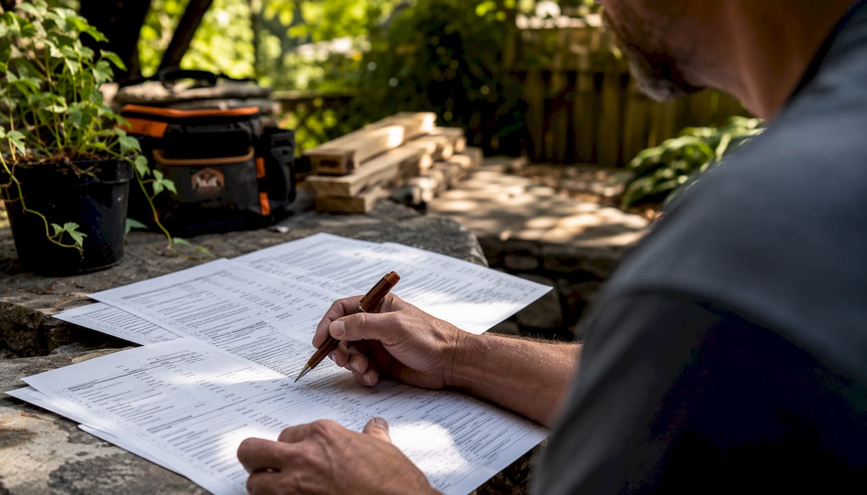 Contractor reviewing renovation bids on workbench