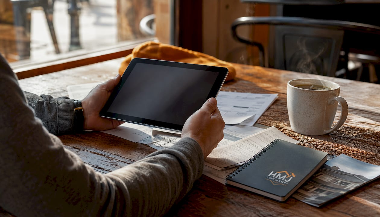 Hands holding smartphone with contractor certifications nearby
