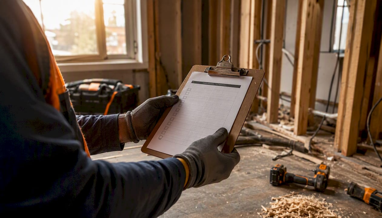 Hands holding hazard register on renovation site