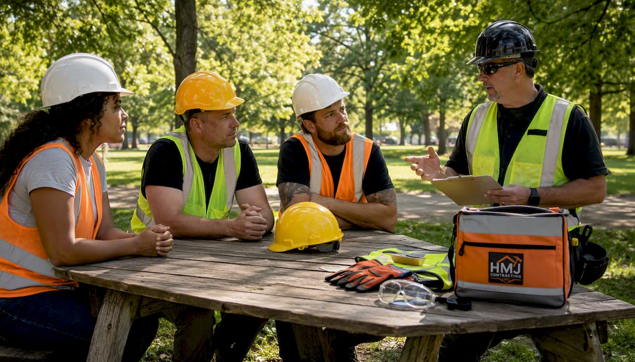Construction crew receiving safety briefing outdoors