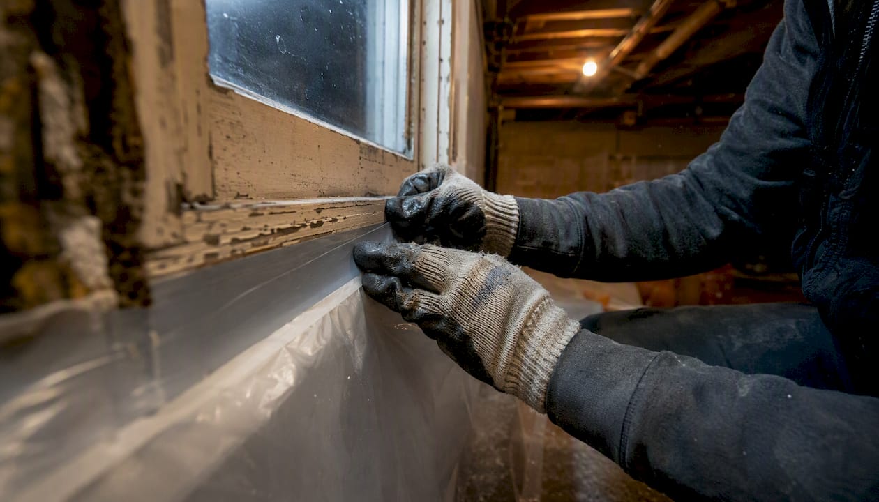 Gloved hands taping window frame for lead containment