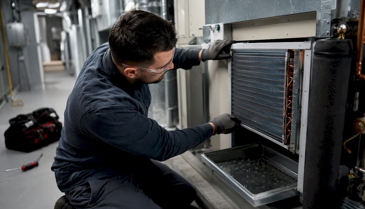 Technician inspecting HVAC cooling coil and drain pan