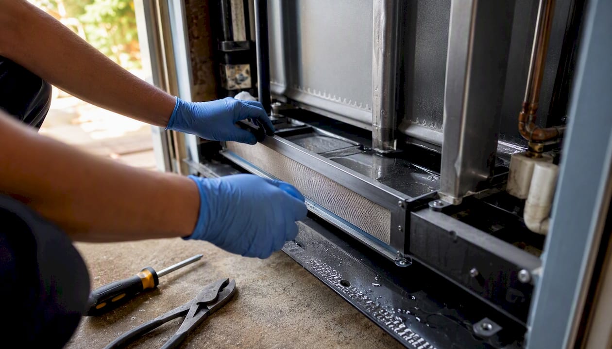 HVAC drain pan slope correction and filter frame installation