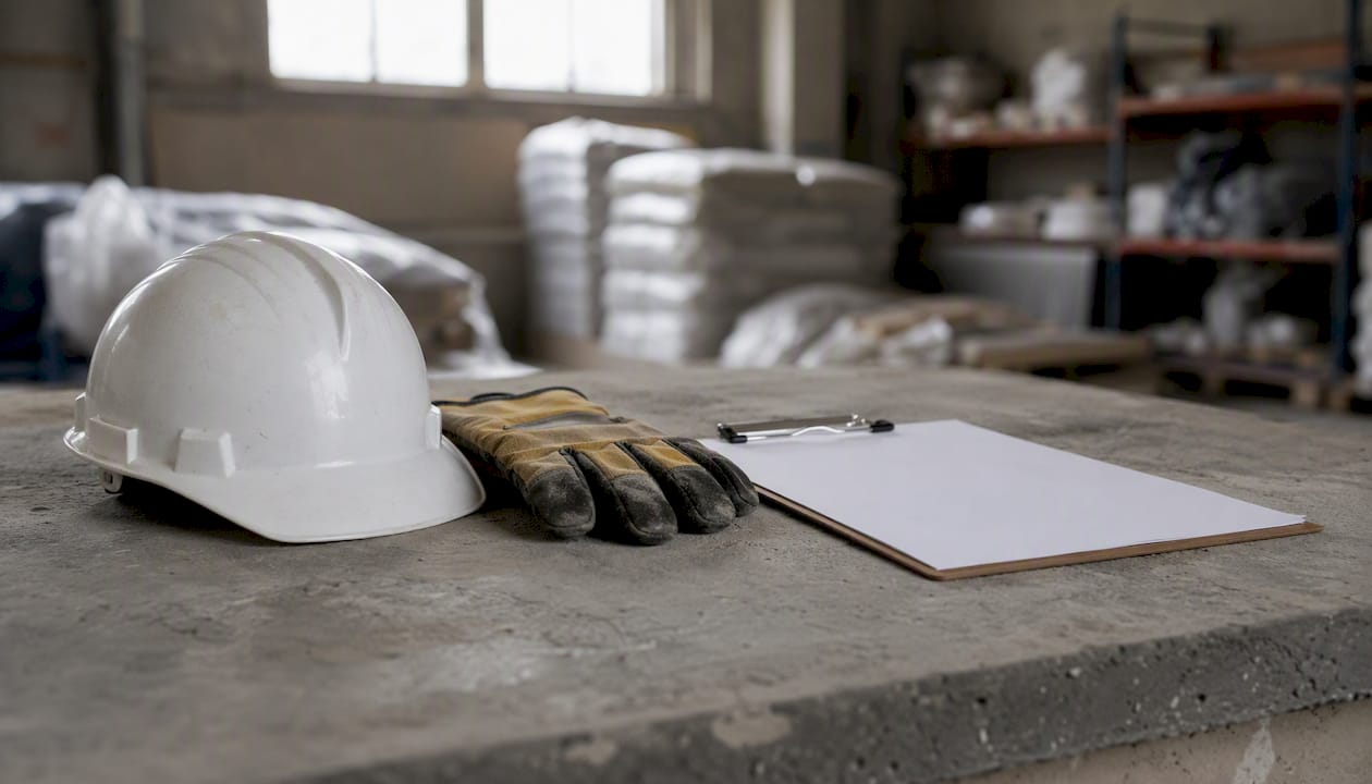 Clipboard with safety data sheet on workbench