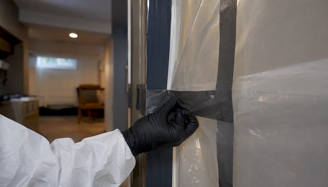 Gloved hand pressing containment seal tape