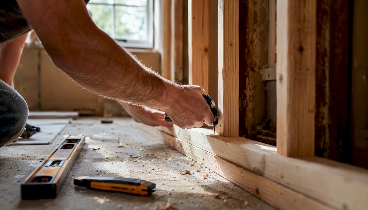 Contractor installing wood frame in home renovation