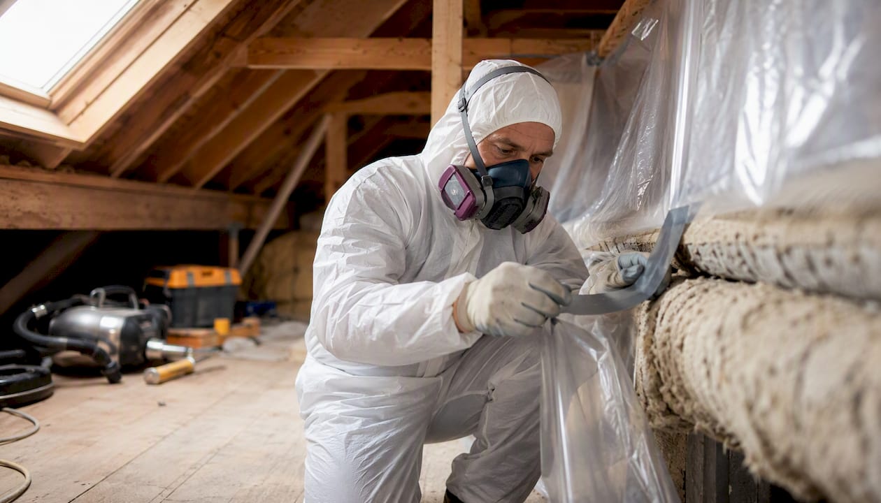 Abatement technician sealing containment around asbestos pipe