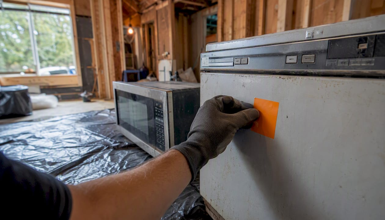Technician tagging hazardous electronics on renovation site