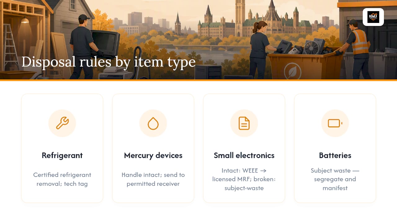 Diagram contrasting disposal requirements for different electronic categories